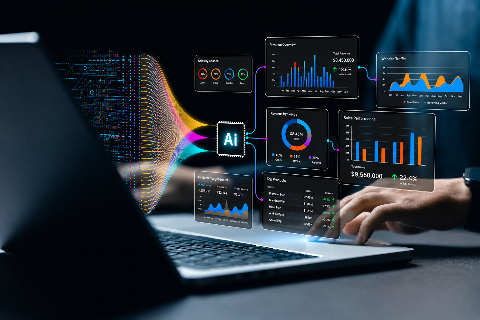 AI reporting dashboard with predictive analytics panels